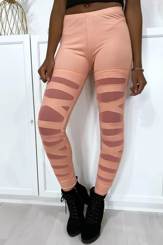 Legging rose avec joli motif coupé et doublé en résille