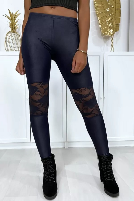 Leggings marine matière brillante et extensible avec dentelles aux genoux