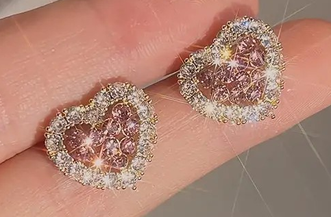 Boucle d'oreilles en forme de cœur en strass       Blanc et Rose