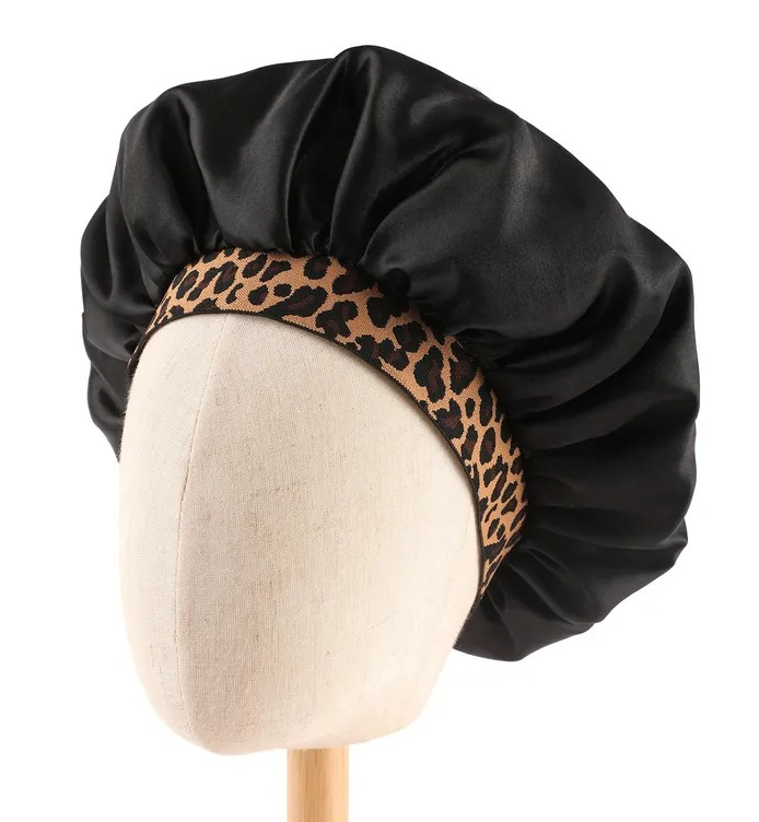 Bonnet de Nuit en Satin   Noir/ Léopard