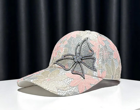 Casquette avec papillon en Strass   Rose/Gris