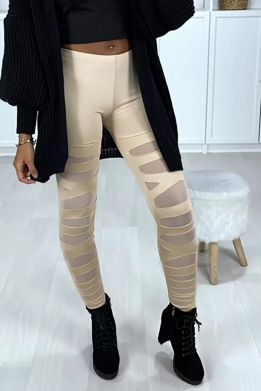 Legging beige avec joli motif coupé et doublé en résille