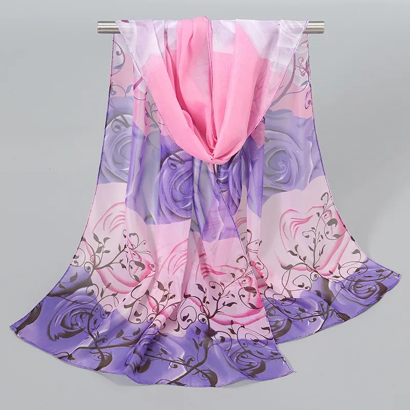 Echarpe en Soie  Mousseline  Motif Fleuri Violet/Rose