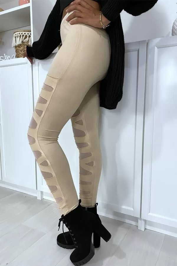 Legging beige avec joli motif coupé et doublé en résille